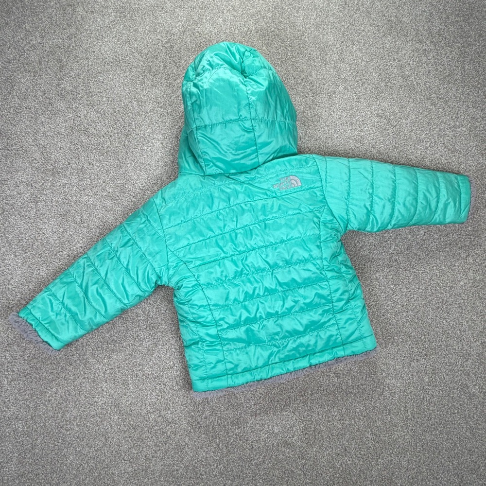 The North Face Infant 6-12M Reversible Jacket Teal Grey Quilted Fleece Hooded - Picture 3 of 8